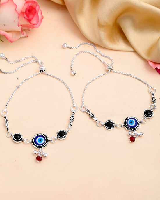 Set Of 2 Silver Plated Evil Eye HandCrafted Adjustable Anklet-VOJ409