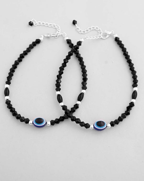 Set Of 2 Evil Eye Black Beads Adjustable Anklet-VOJ410