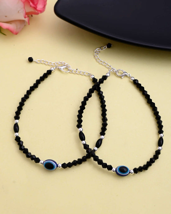 Set Of 2 Evil Eye Black Beads Adjustable Anklet-VOJ410