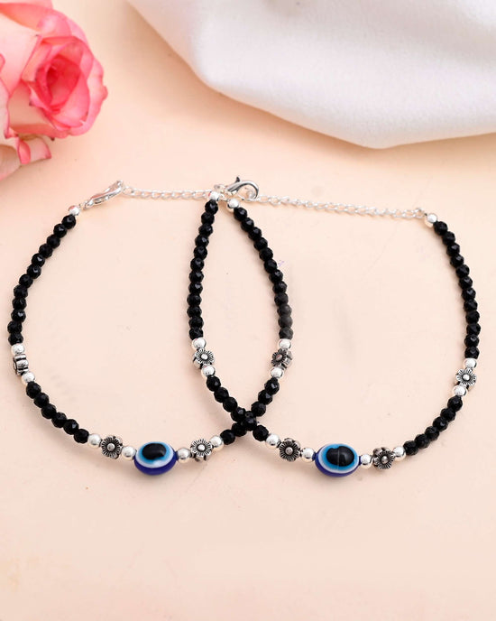 Set Of 2 Evil Eye Black with Flower Shaped Beads Anklet-VOJ411