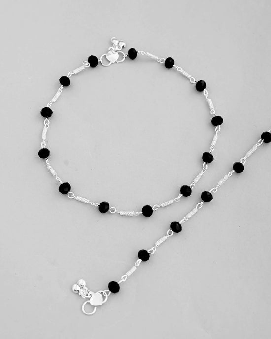 Set of 2 Silver Plated With Black Beads Anklet-VOJ412