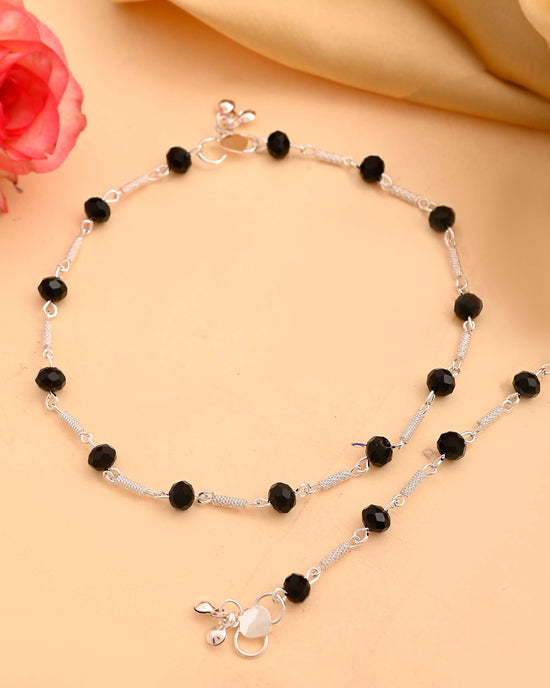 Set of 2 Silver Plated With Black Beads Anklet-VOJ412