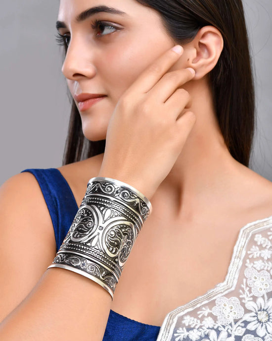 Silver Plated Oxidised Long Cuff Bracelet-VOJ432