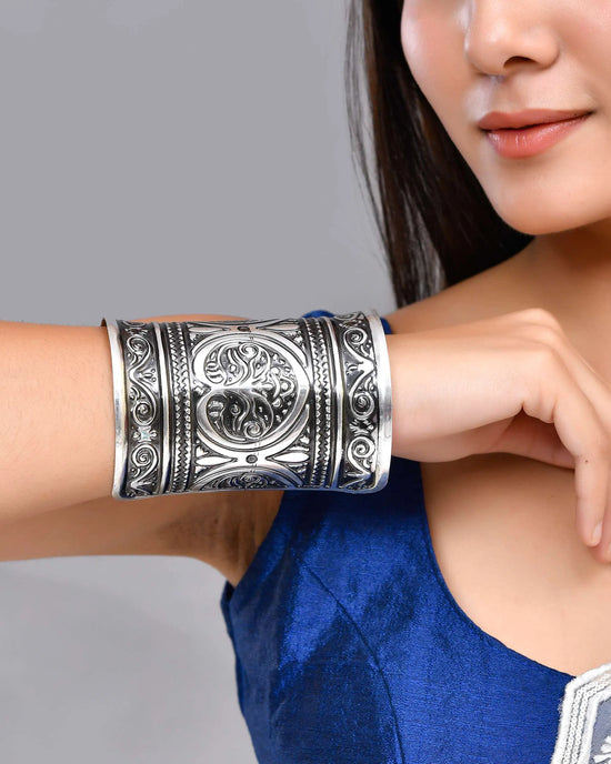 Silver Plated Oxidised Long Cuff Bracelet-VOJ432