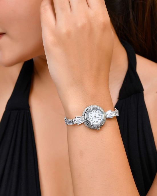 Silver Plated Crystal Studded Watch Bracelet-VOJ434