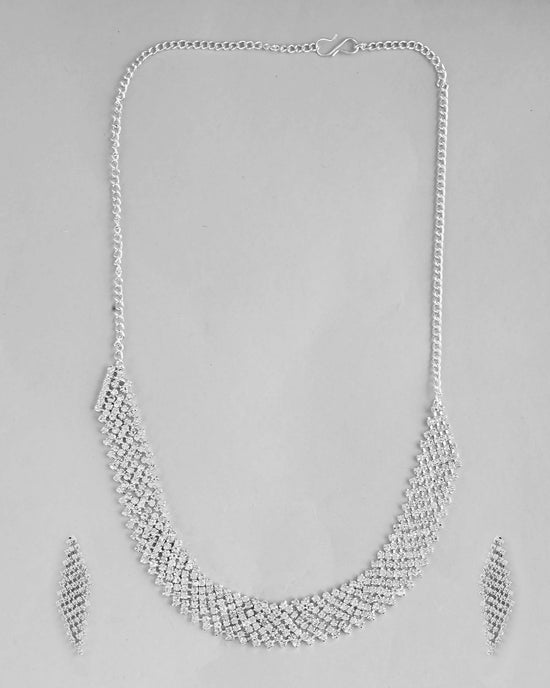 Silver Plated AD Studded Choker And Earrings Set-VOJ438