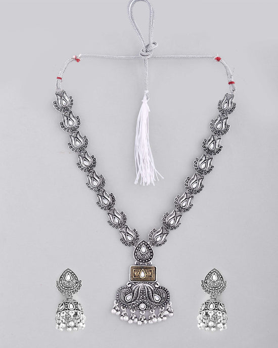 Dual Toned Oxidized Necklace With Earrings Set-VOJ440