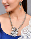 Silver Plated Oxidized Kanha Shape Long Necklace with Earring Set-VOJ441