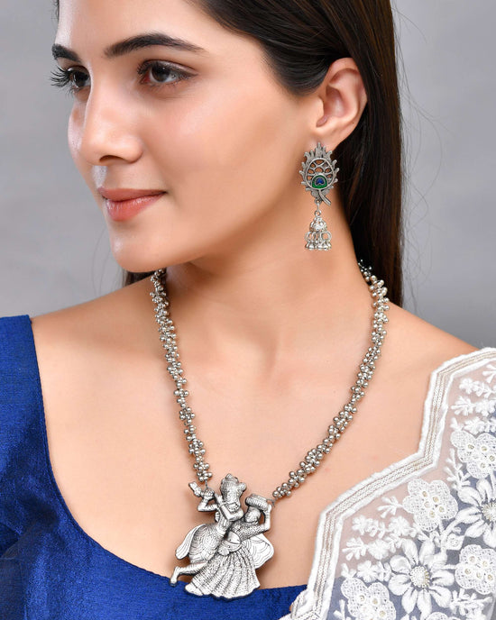 Silver Plated Oxidized Kanha Shape Long Necklace with Earring Set-VOJ441