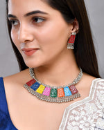 Silver Plated Oxidized Multi Color Hasli with Earring Set-VOJ443