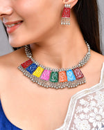 Silver Plated Oxidized Multi Color Hasli with Earring Set-VOJ443