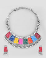 Silver Plated Oxidized Multi Color Hasli with Earring Set-VOJ443