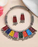 Silver Plated Oxidized Multi Color Hasli with Earring Set-VOJ443