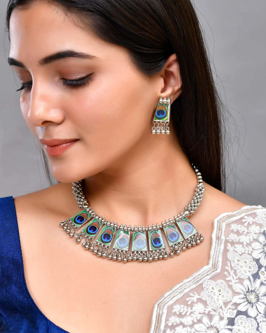 Silver Plated Oxidized Peacock Print Hasli with Earring Set-VOJ444