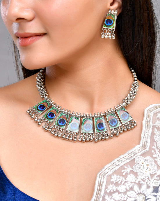 Silver Plated Oxidized Peacock Print Hasli with Earring Set-VOJ444