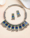 Silver Plated Oxidized Peacock Print Hasli with Earring Set-VOJ444