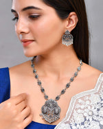 Silver Plated Oxidized Long Necklace with Earring Set-VOJ445