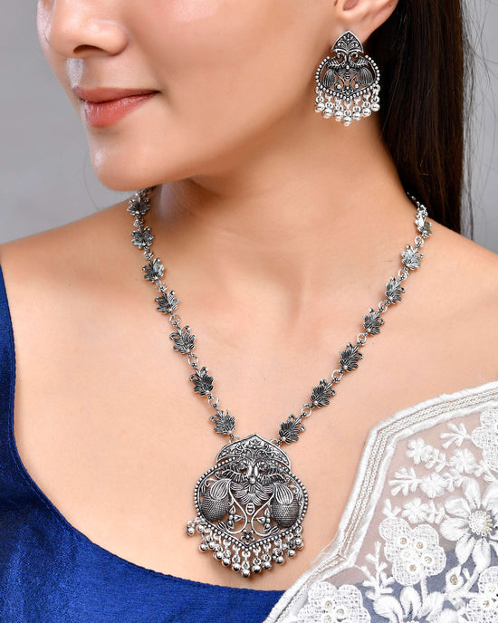 Silver Plated Oxidized Long Necklace with Earring Set-VOJ445