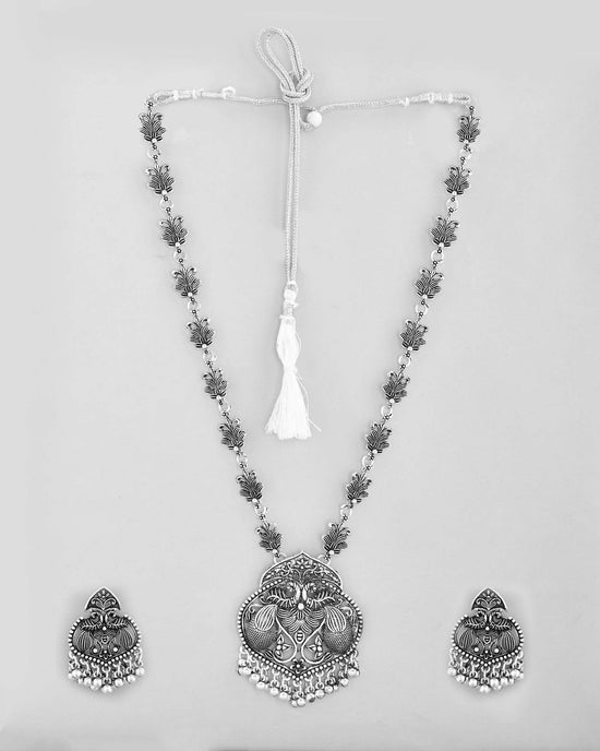 Silver Plated Oxidized Long Necklace with Earring Set-VOJ445