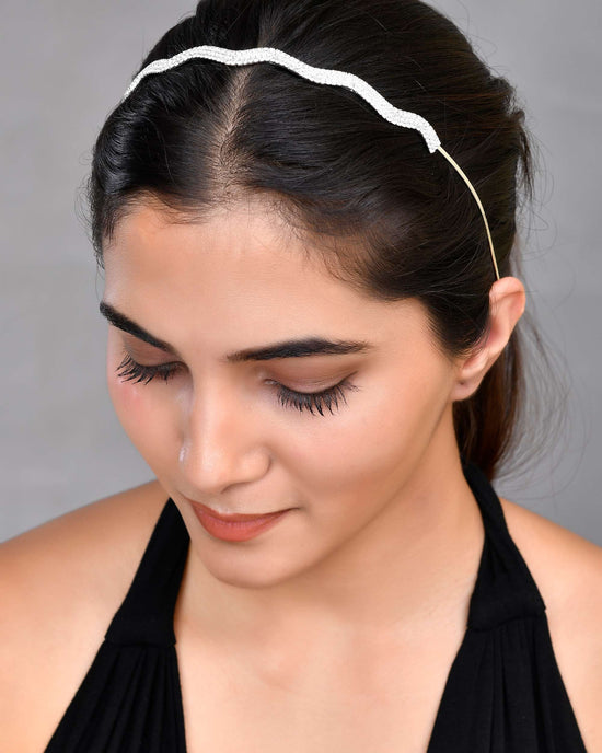 Silver Plated AD Studded Wave Shaped Hairband-VOJ455