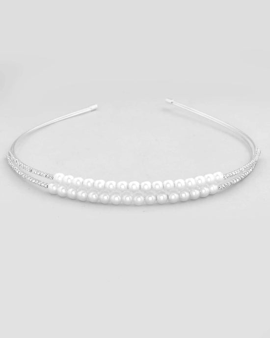 Silver Plated Pearl Studded Double Layer Hairband-VOJ456