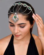 Silver Plated Peacock Printed Hairband With Mang Tikka-VOJ457