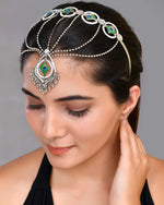 Silver Plated Peacock Printed Hairband With Mang Tikka-VOJ457