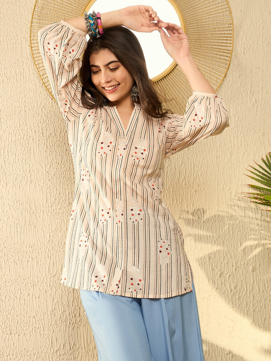 Ahika Women Peach Cotton Blend Striped Printed Regular Tunic-VT1274PCH