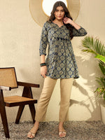 Ahika Women Navy Blue Cotton Blend Ajrakh Printed Peplum Tunic-VT1280