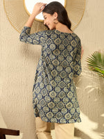 Ahika Women Navy Blue Cotton Blend Ajrakh Printed Peplum Tunic-VT1280