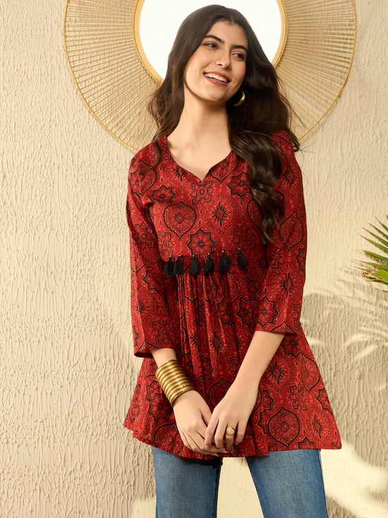 Ahika Women Red Cotton Blend Ajrakh Printed Peplum Tunic-VT1281