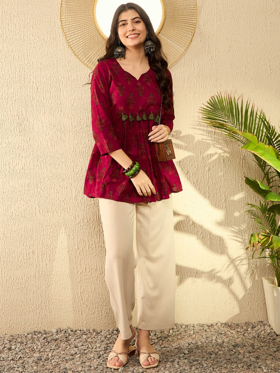 Ahika Women Maroon Cotton Blend Floral Printed Peplum Tunic-VT1282