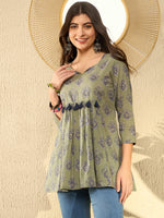 Ahika Women Green Cotton Blend Ethnic Motifs Printed Peplum Tunic-VT1283