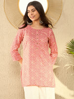 Ahika Women Peach Cotton Blend Blend Bandhani Printed Regular Tunic-VT1286