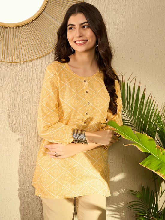 Ahika Women Yellow Cotton Blend Blend Bandhani Printed Regular Tunic-VT1287