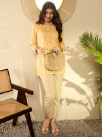 Ahika Women Yellow Cotton Blend Blend Bandhani Printed Regular Tunic-VT1287