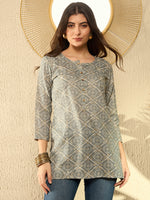 Ahika Women Grey Cotton Blend Blend Bandhani Printed Regular Tunic-VT1288