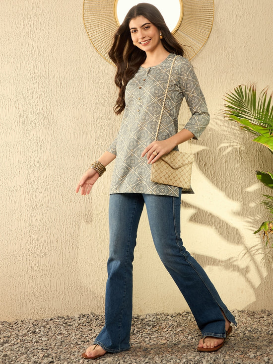 Ahika Women Grey Cotton Blend Blend Bandhani Printed Regular Tunic-VT1288