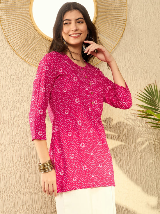 Ahika Women Pink Cotton Blend Bandhani Printed Regular Tunic-VT1289