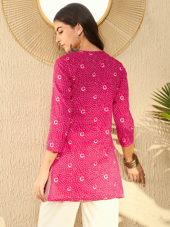 Ahika Women Pink Cotton Blend Bandhani Printed Regular Tunic-VT1289