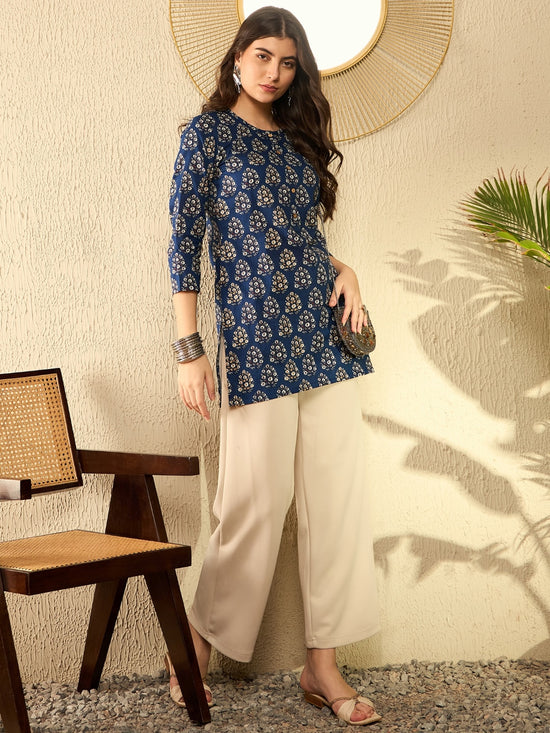 Ahika Women Navy Blue Cotton Blend Ethnic Motifs Printed Regular Tunic-VT1294