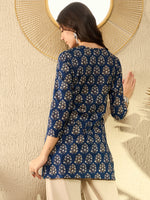 Ahika Women Navy Blue Cotton Blend Ethnic Motifs Printed Regular Tunic-VT1294