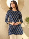 Ahika Women Navy Blue Cotton Blend Ethnic Motifs Printed Regular Tunic-VT1294