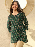 Ahika Women Green Cotton Blend Ethnic Motifs Printed Regular Tunic-VT1295