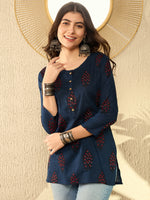 Ahika Women Navy Blue Cotton Blend Floral Printed Regular Tunic-VT1296