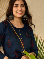 Ahika Women Navy Blue Cotton Blend Floral Printed Regular Tunic-VT1296