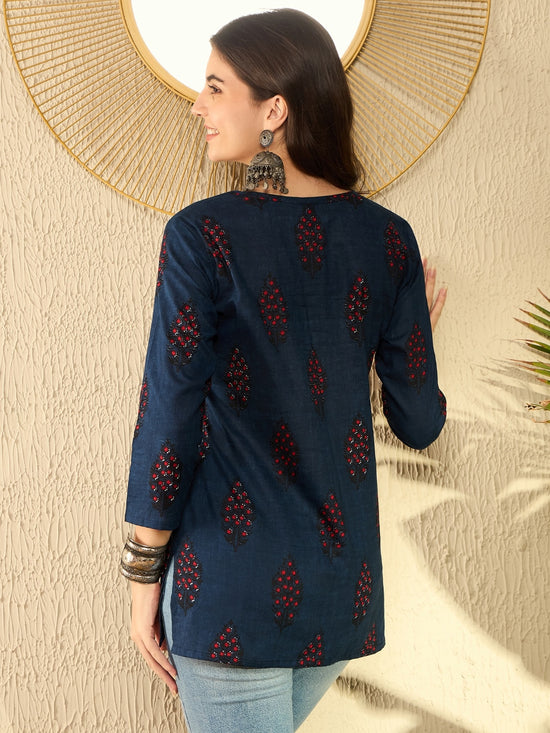 Ahika Women Navy Blue Cotton Blend Floral Printed Regular Tunic-VT1296