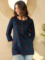 Ahika Women Navy Blue Cotton Blend Floral Printed Regular Tunic-VT1296