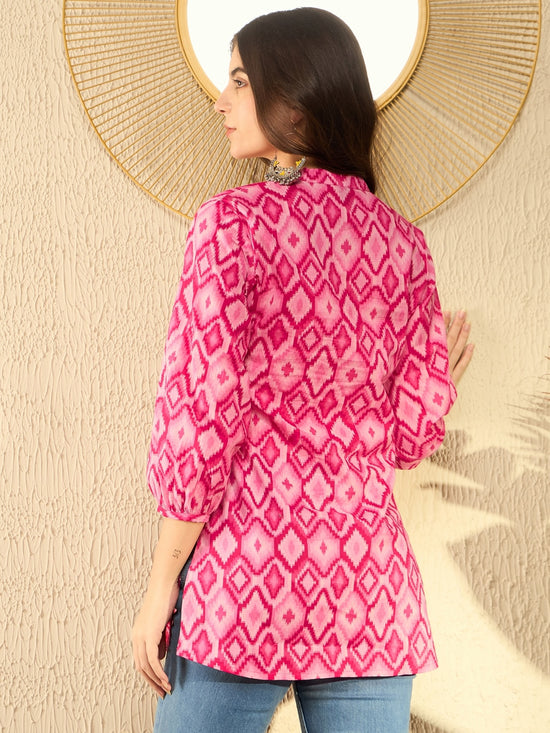 Ahika Women Pink Cotton Blend Ikat Printed Regular Tunic-VT1298