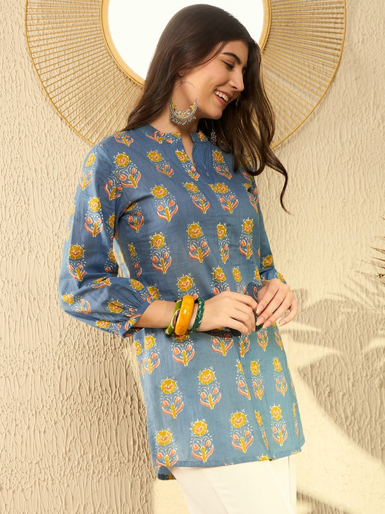 Ahika Women Blue Cotton Blend Floral Printed Regular Tunic-VT1300